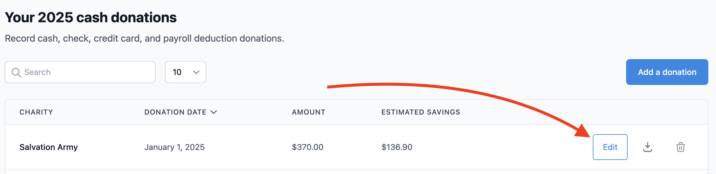 Donation list row showing Edit button