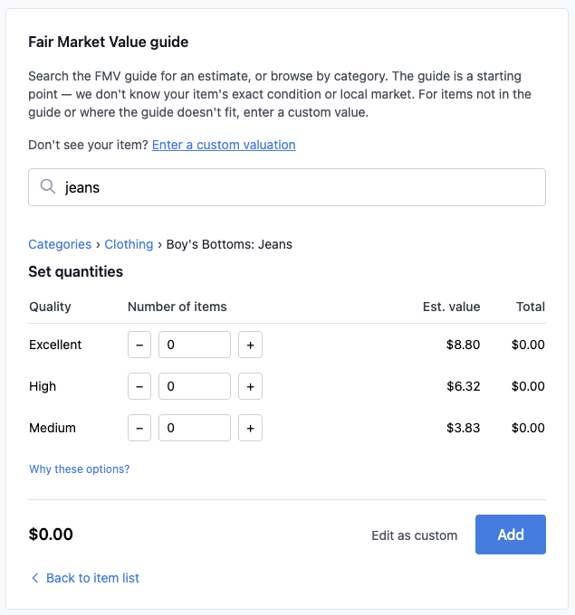 Item selection with quantity and quality options