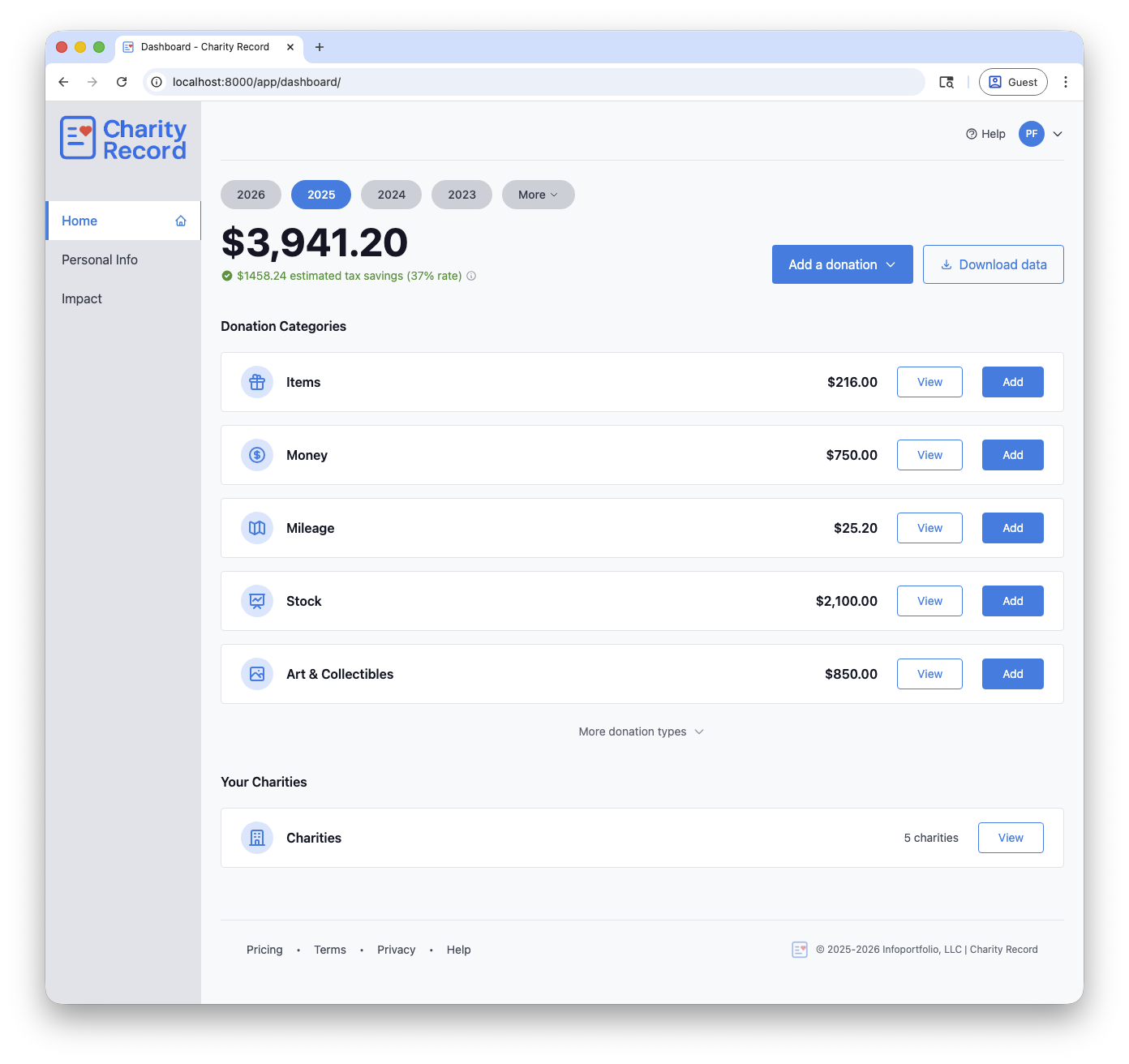 Charity Record dashboard showing donation totals, categories, and actions