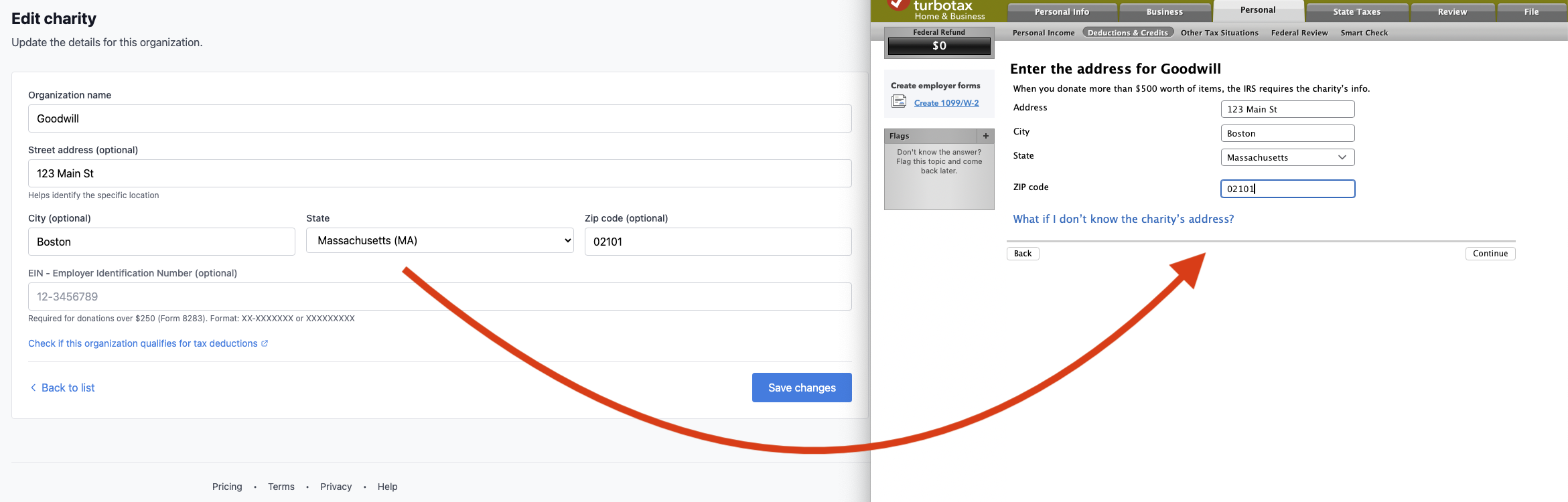 Charity Record organization page alongside TurboTax address entry