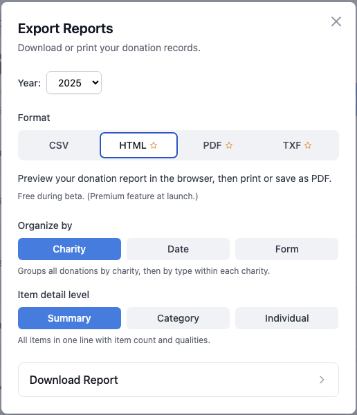 Options for generating an HTML donation report