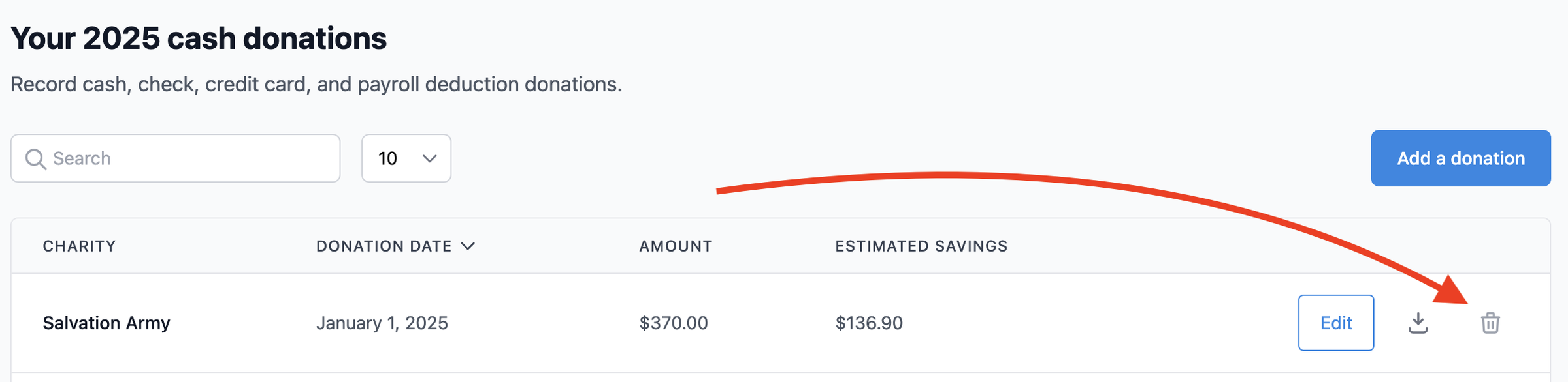 Donation list row showing Delete button