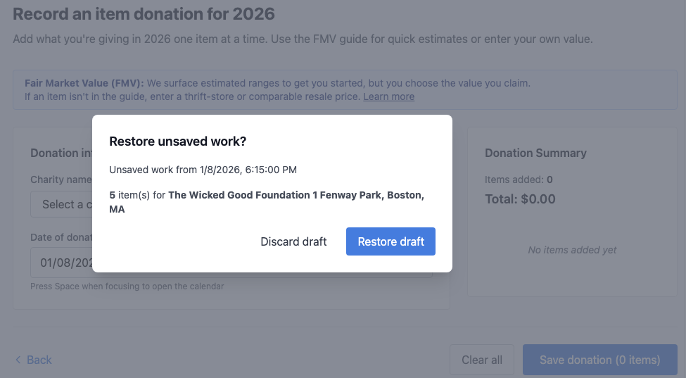 Restore unsaved work modal
