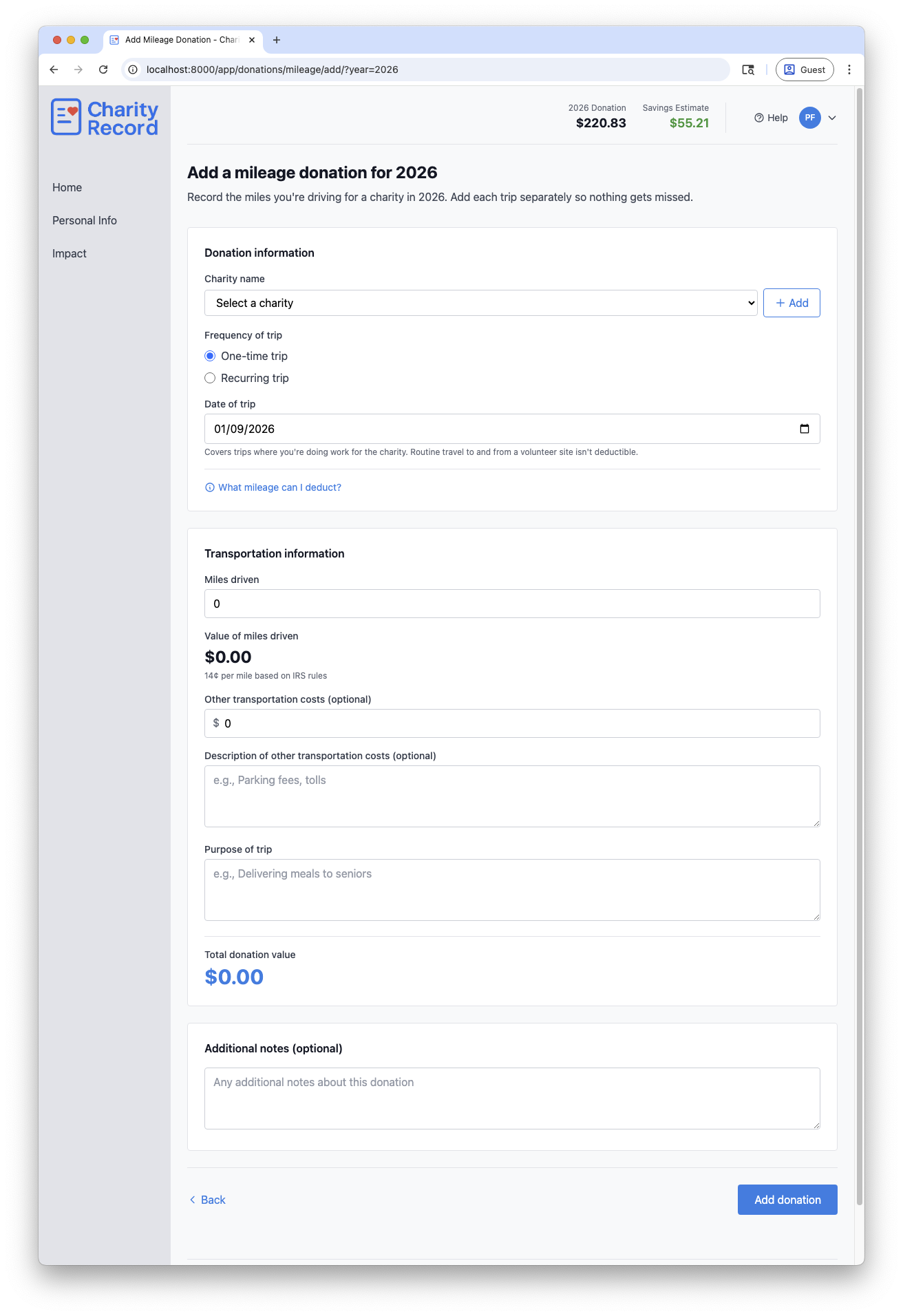 Mileage donation form