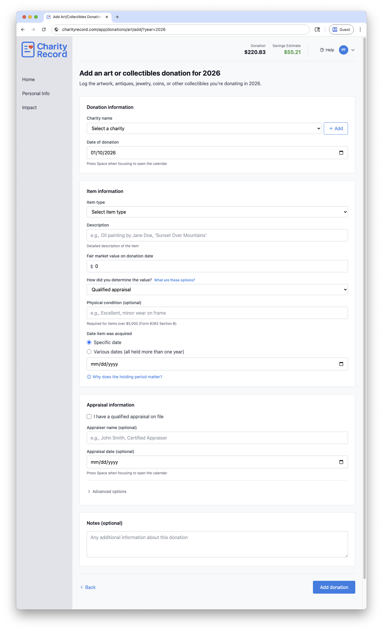 Charity Record art donation form