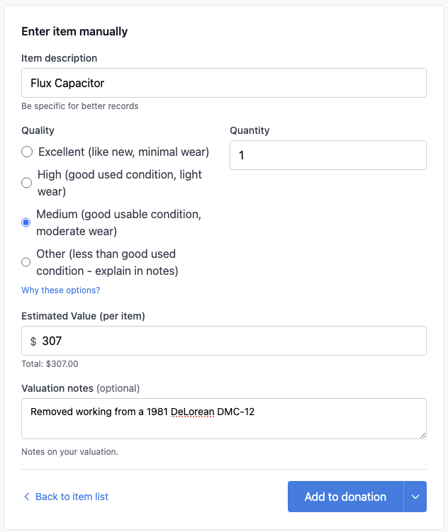 Custom item entry form
