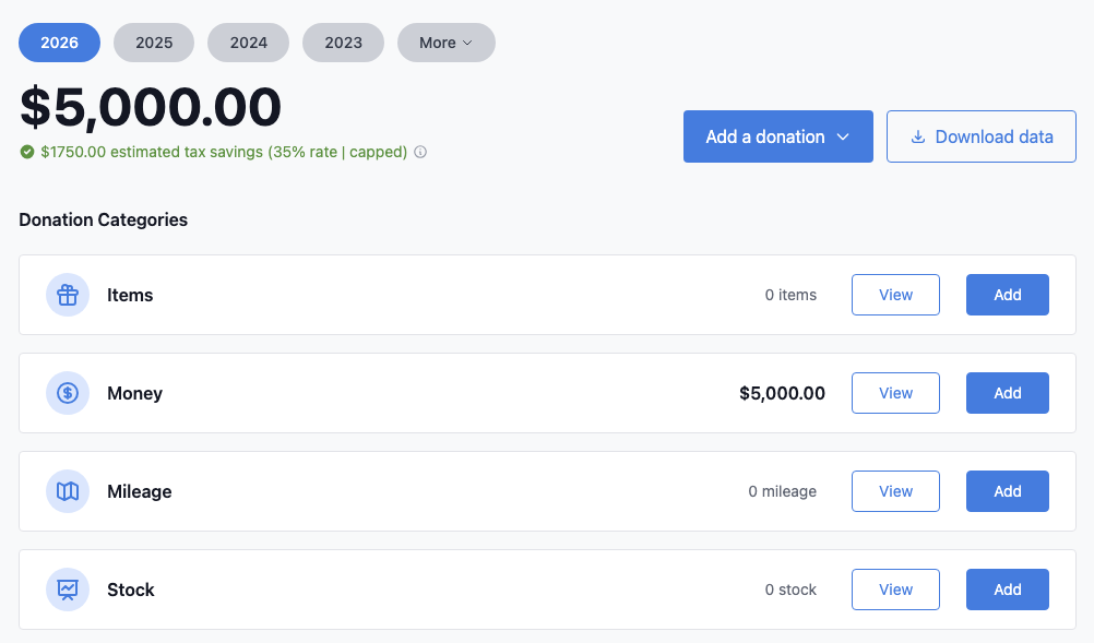 Charity Record screenshot with the deductible cap for the 37% tax bracket