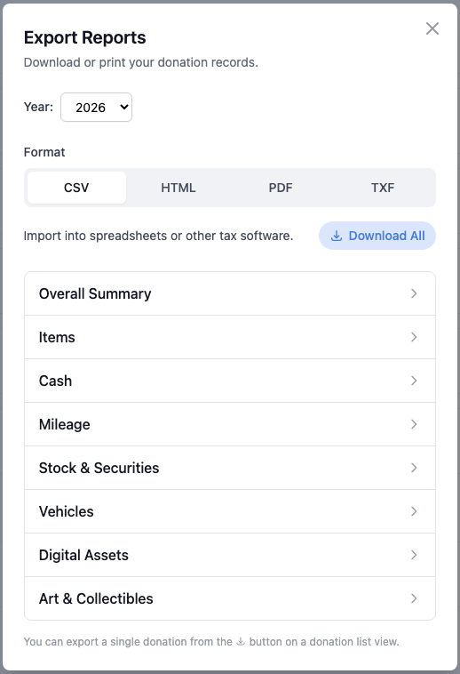 Screenshot of export modal showing format tabs