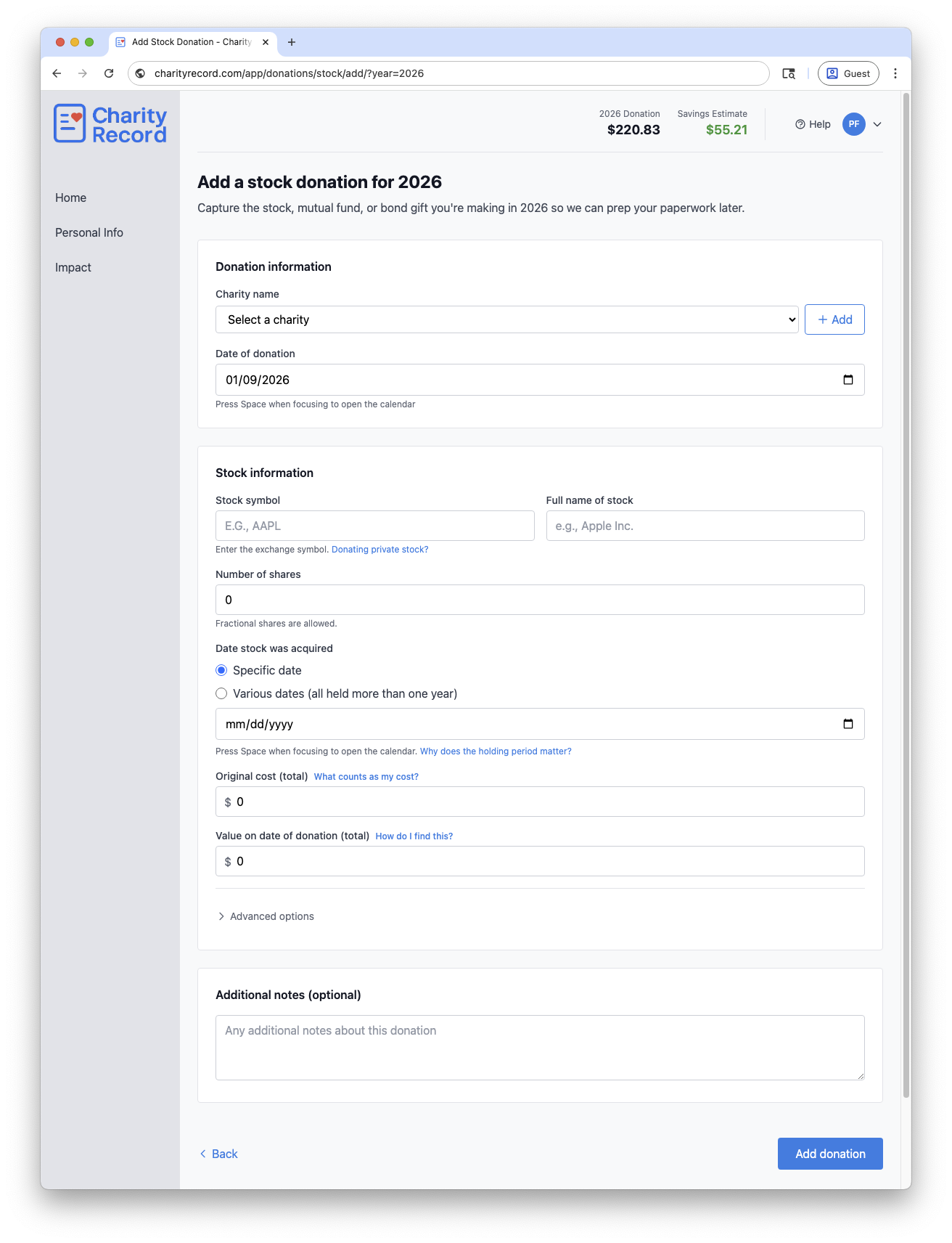 The stock donation form