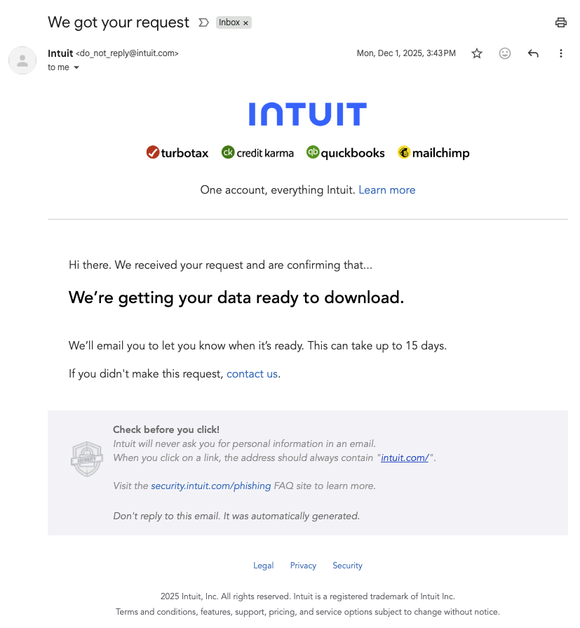 Confirmation email from Intuit