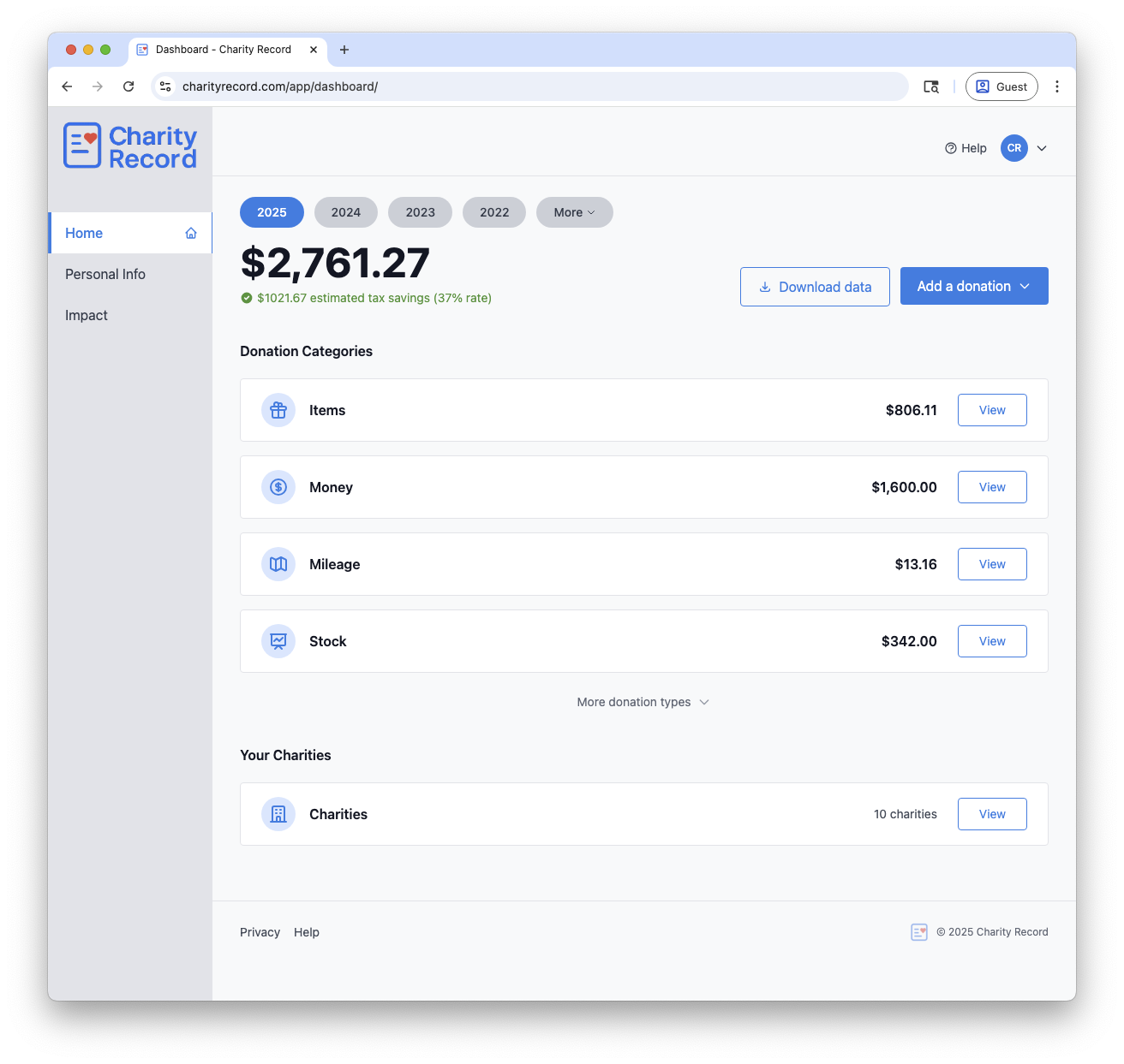 Charity Record dashboard overview