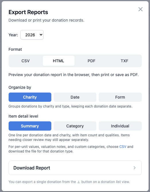 Options for generating an HTML donation report