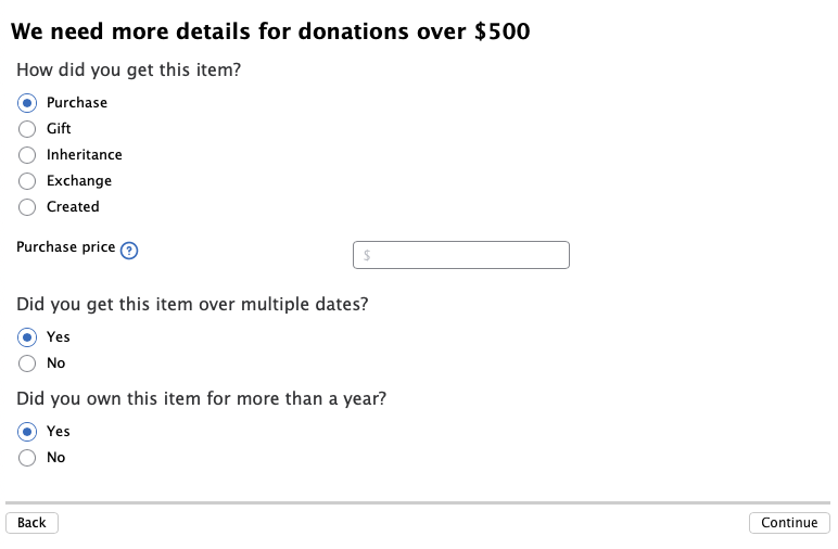 Form asking how you got the item: Purchase, Gift, Inheritance, Exchange, or Created