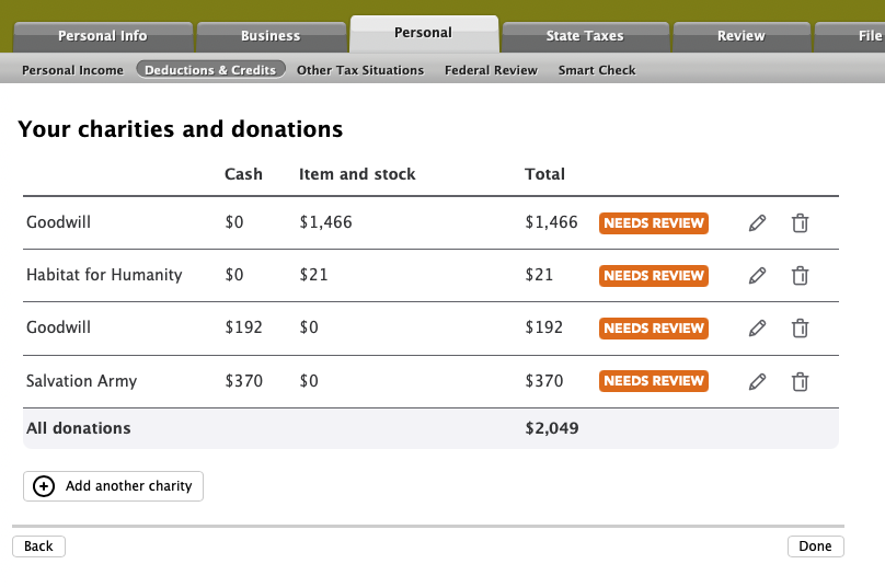Your charities and donations screen showing NEEDS REVIEW badges