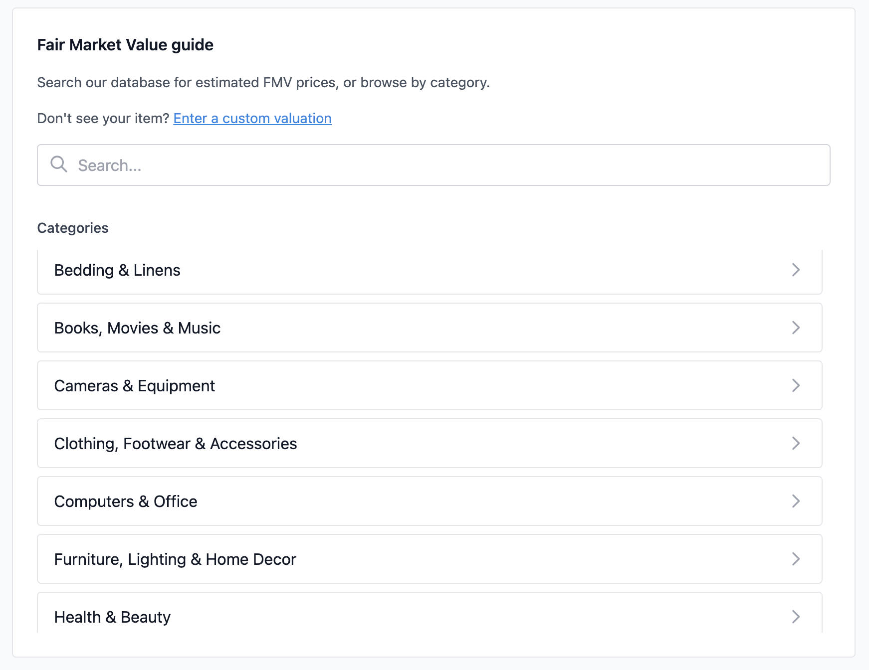 FMV category list showing Clothing, Bedding, Furniture, etc.