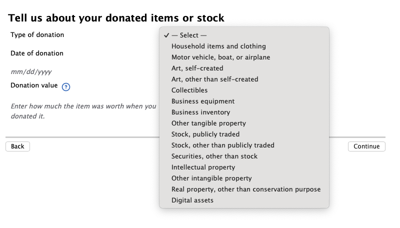 Donation type dropdown showing options like Household items and clothing, Motor vehicle, Stock, etc.