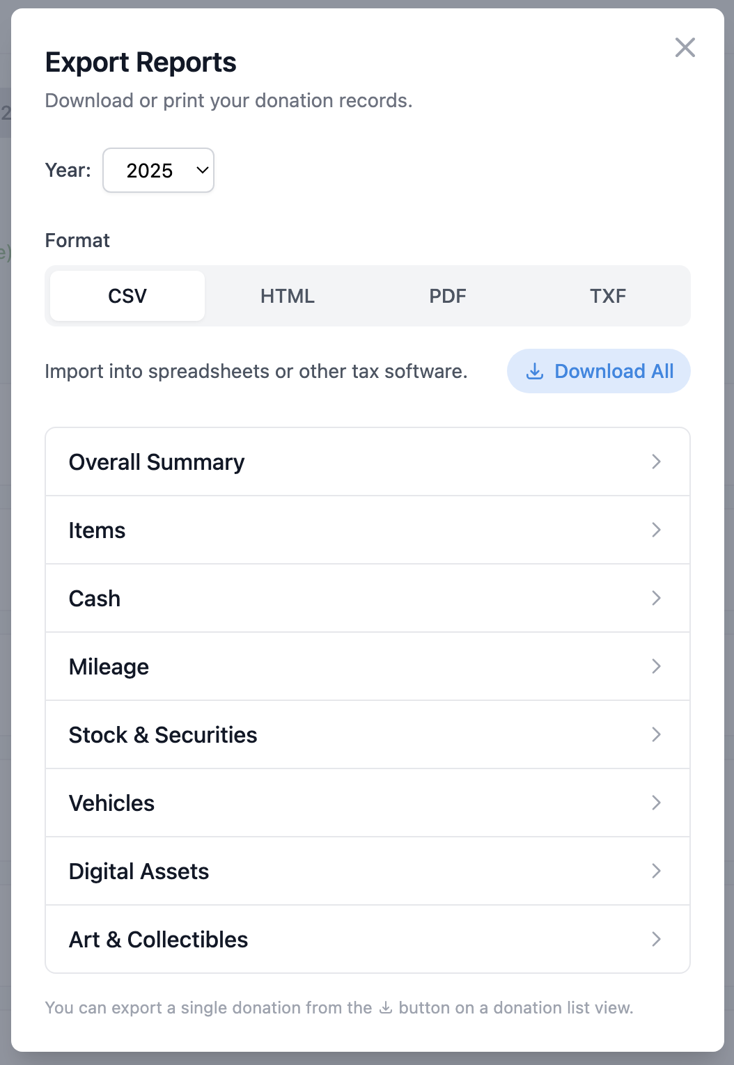 Screenshot of export modal showing format tabs