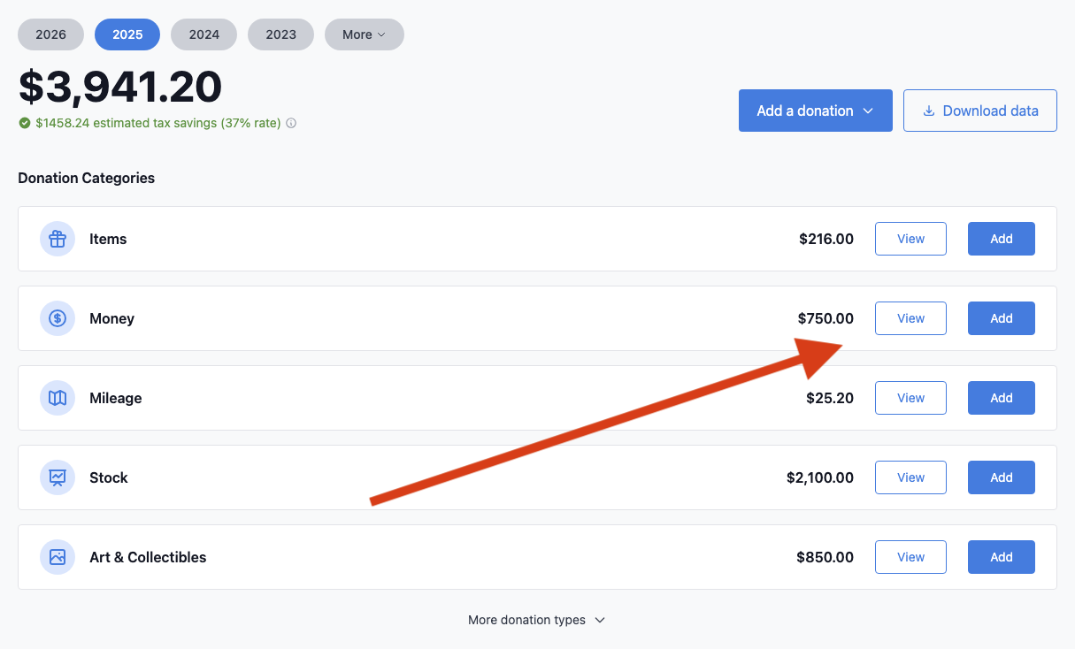 Dashboard year selector and donation type cards with View button highlighted