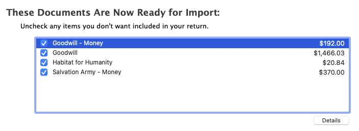 TurboTax import preview showing donations ready to import