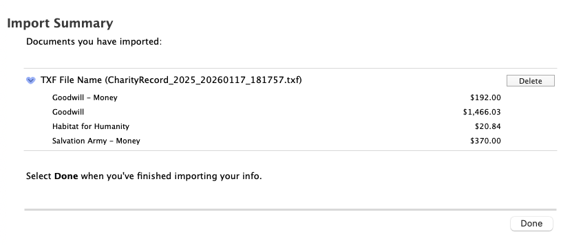 Import summary showing TXF file name and imported donations