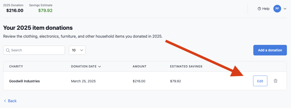 Donation list row showing Edit button and trash icon on the right side