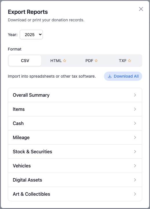 Screenshot of export modal showing format tabs