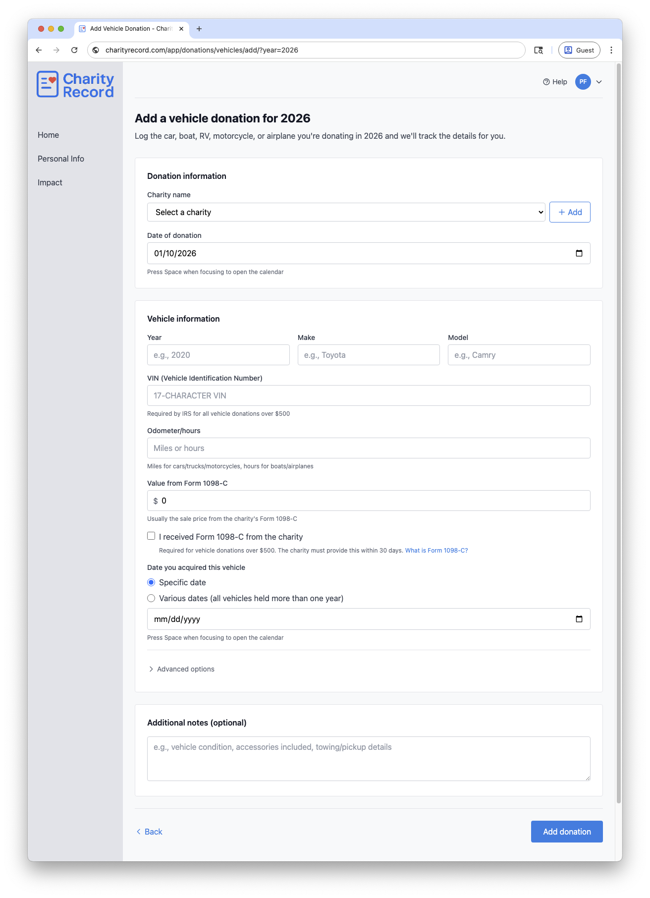 Charity Record vehicle donation form