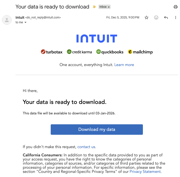 Data ready email from Intuit
