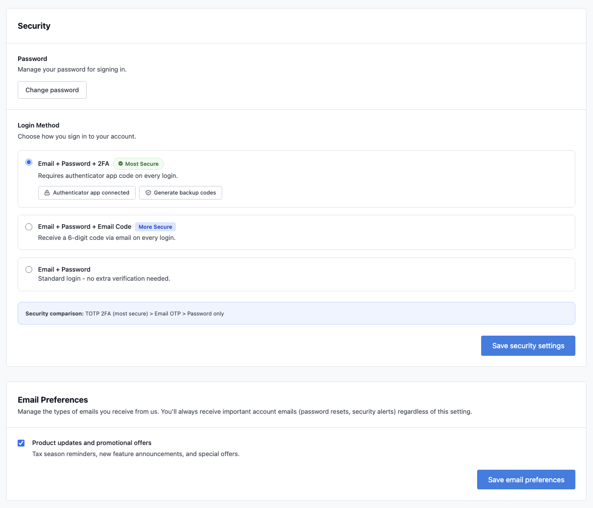 Two-factor authentication options