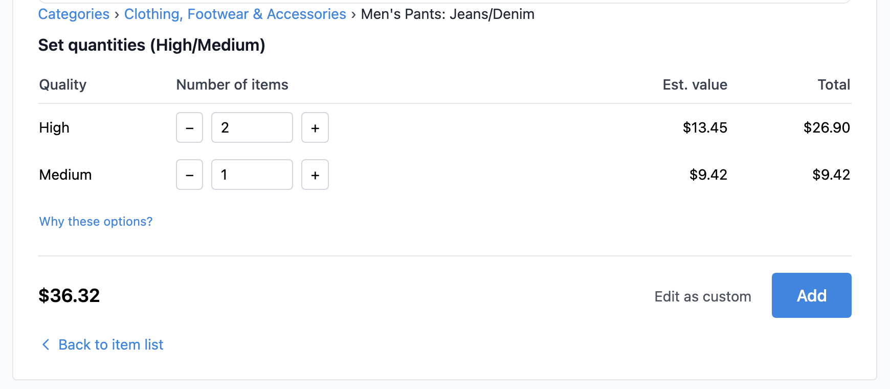 Item selection with quantity and quality options