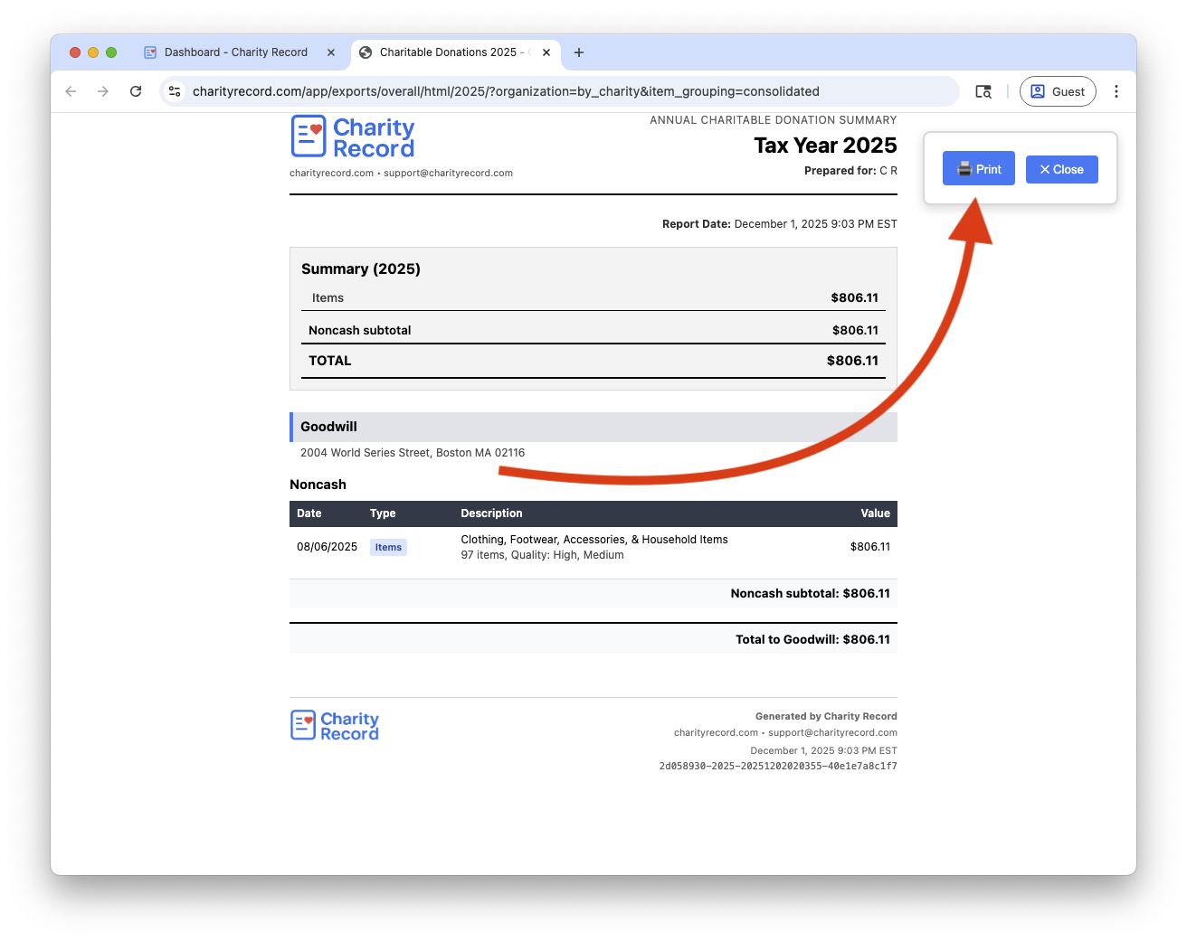 Screenshot of HTML report with Print button