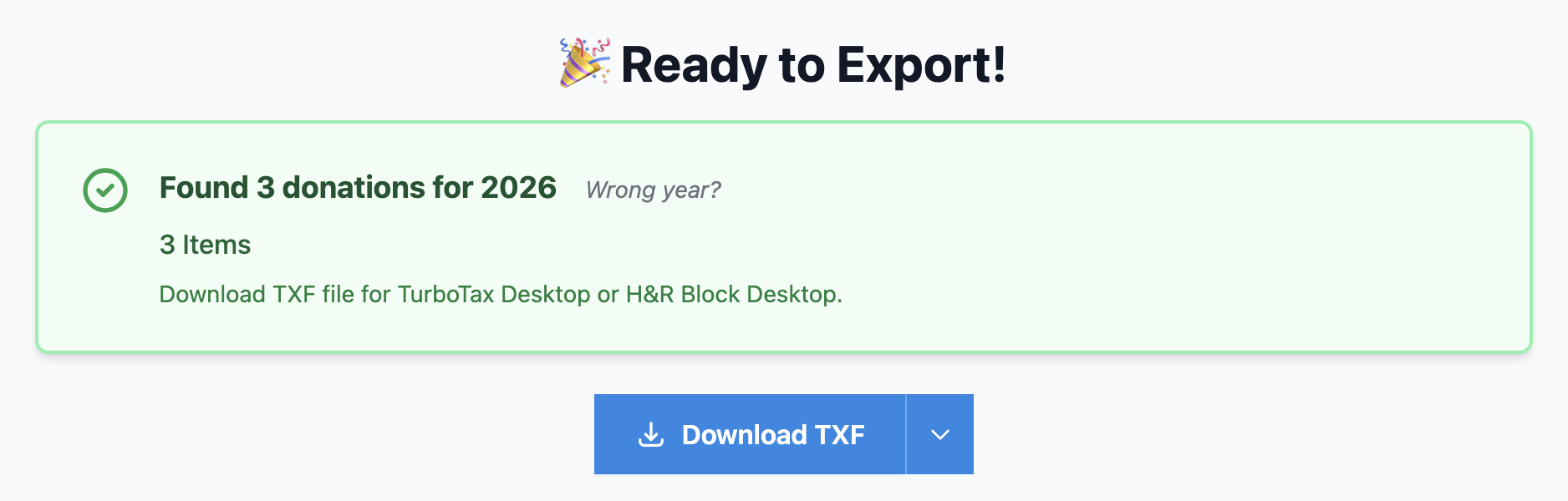 TXF preview page showing donation summary and download button