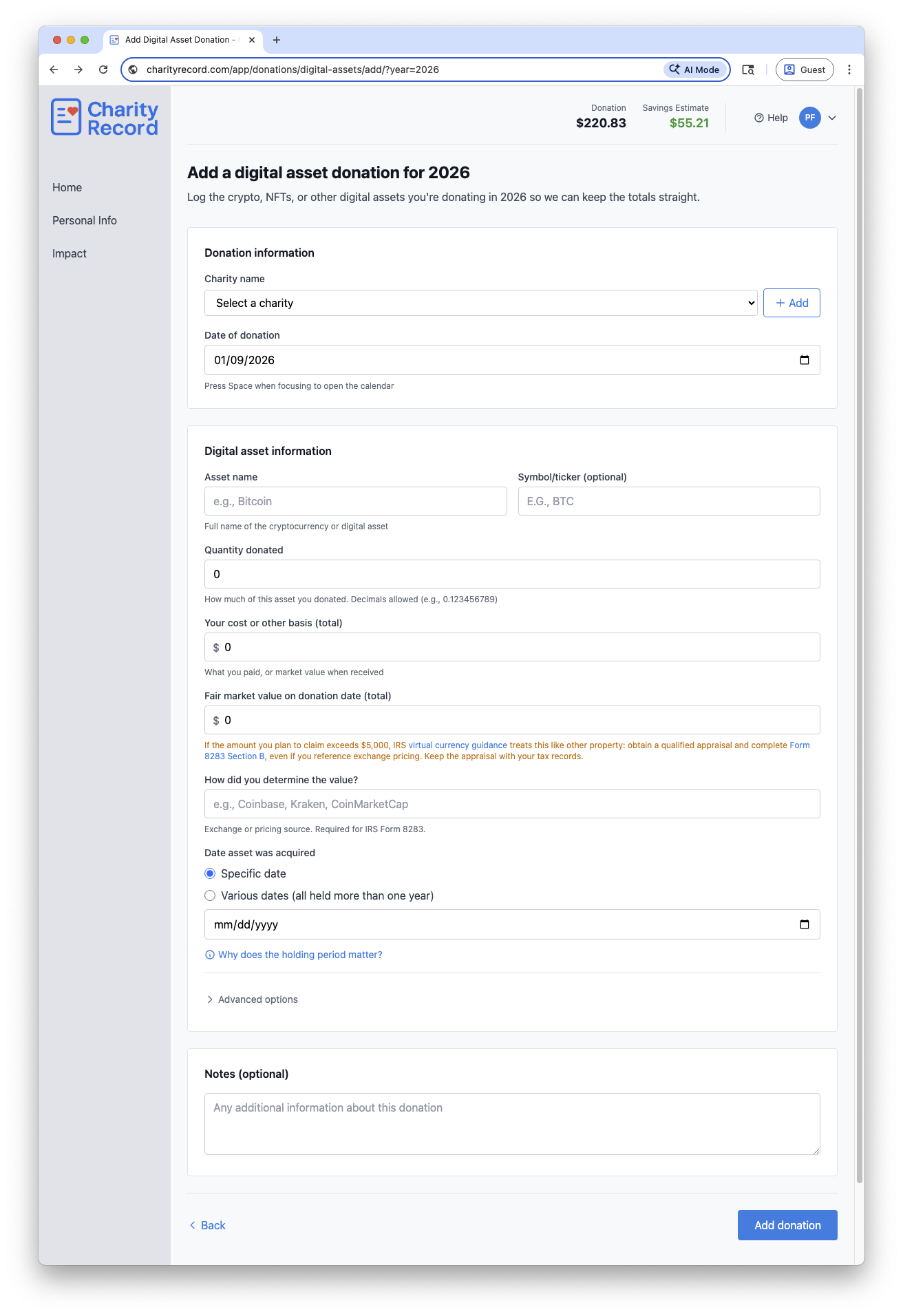 Digital asset donation form