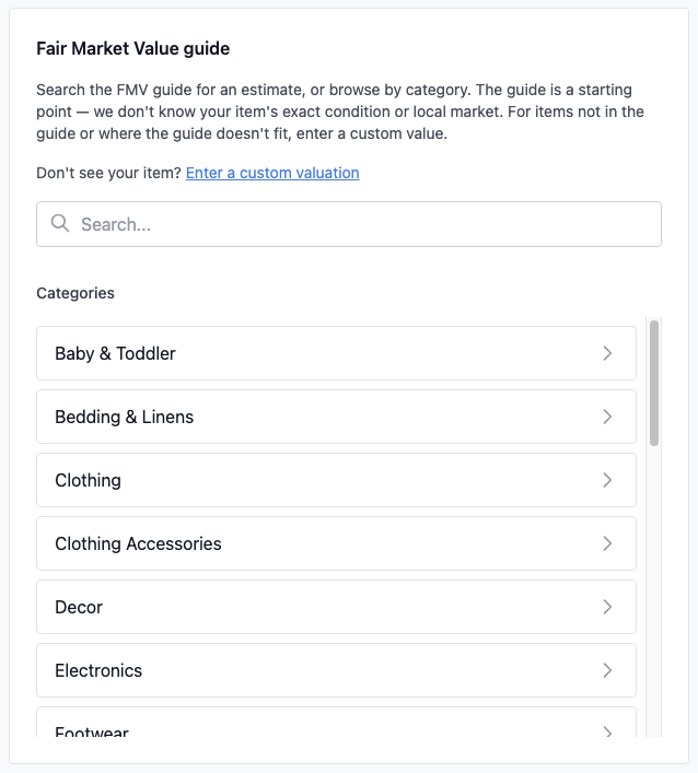 FMV category list showing Baby & Toddler, Clothing, Decor, etc.