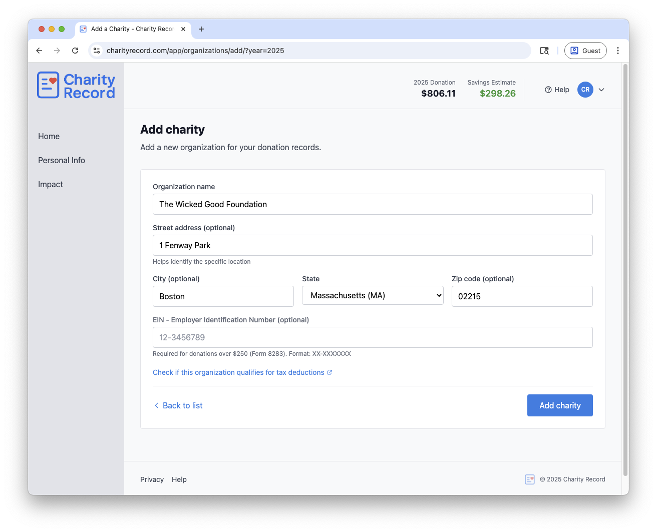 The Add Charity page
