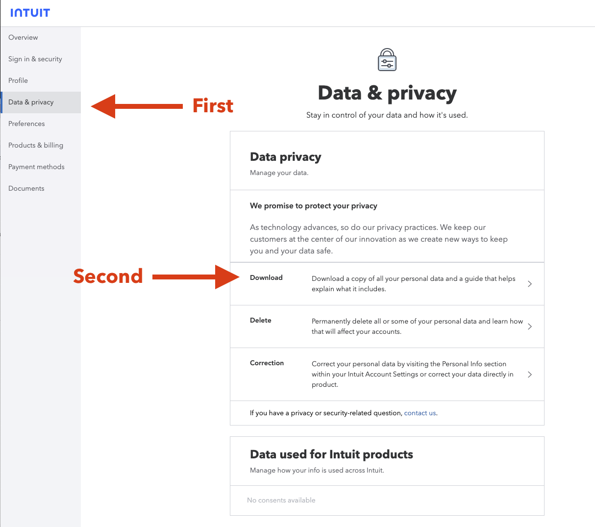 Intuit Data & Privacy page showing where to click