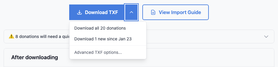 Download dropdown showing Advanced TXF options