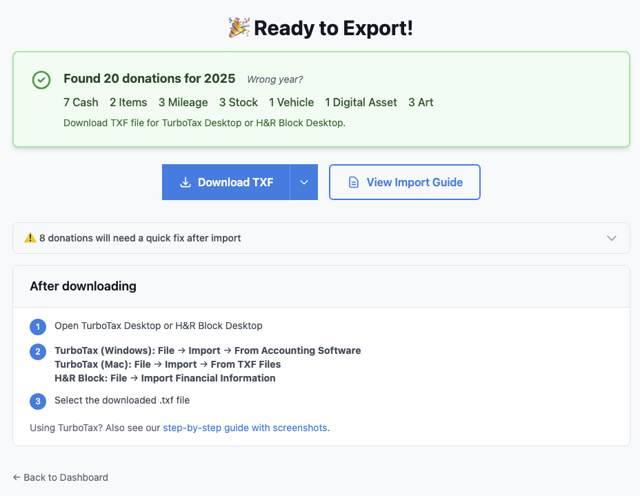 TXF preview page with download button and dropdown