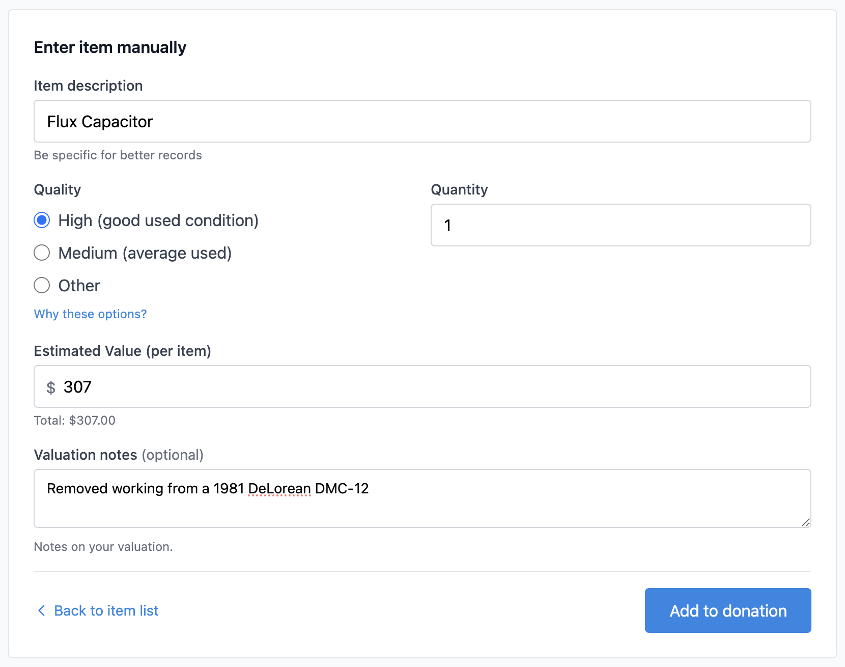 Custom item entry form