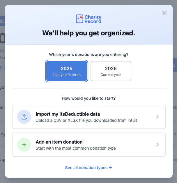 Welcome screen during tax season with year picker