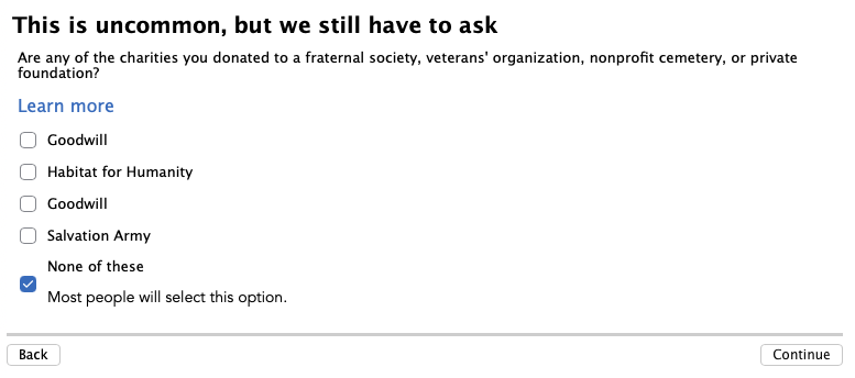 TurboTax asking about fraternal societies and veterans organizations