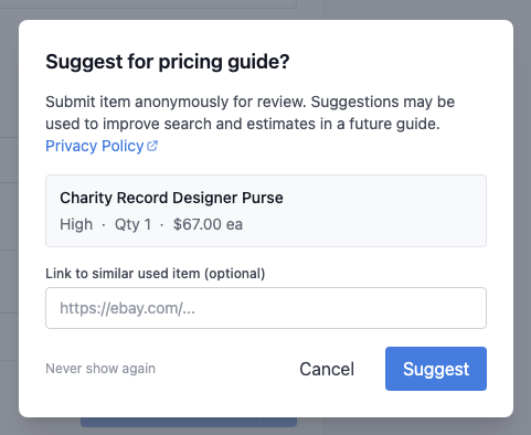 Suggestion modal showing optional "Link to similar used item" field.