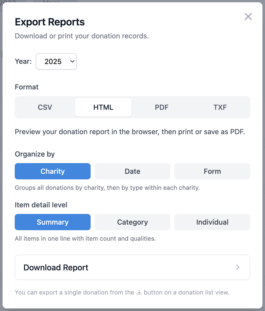 Options for generating an HTML donation report