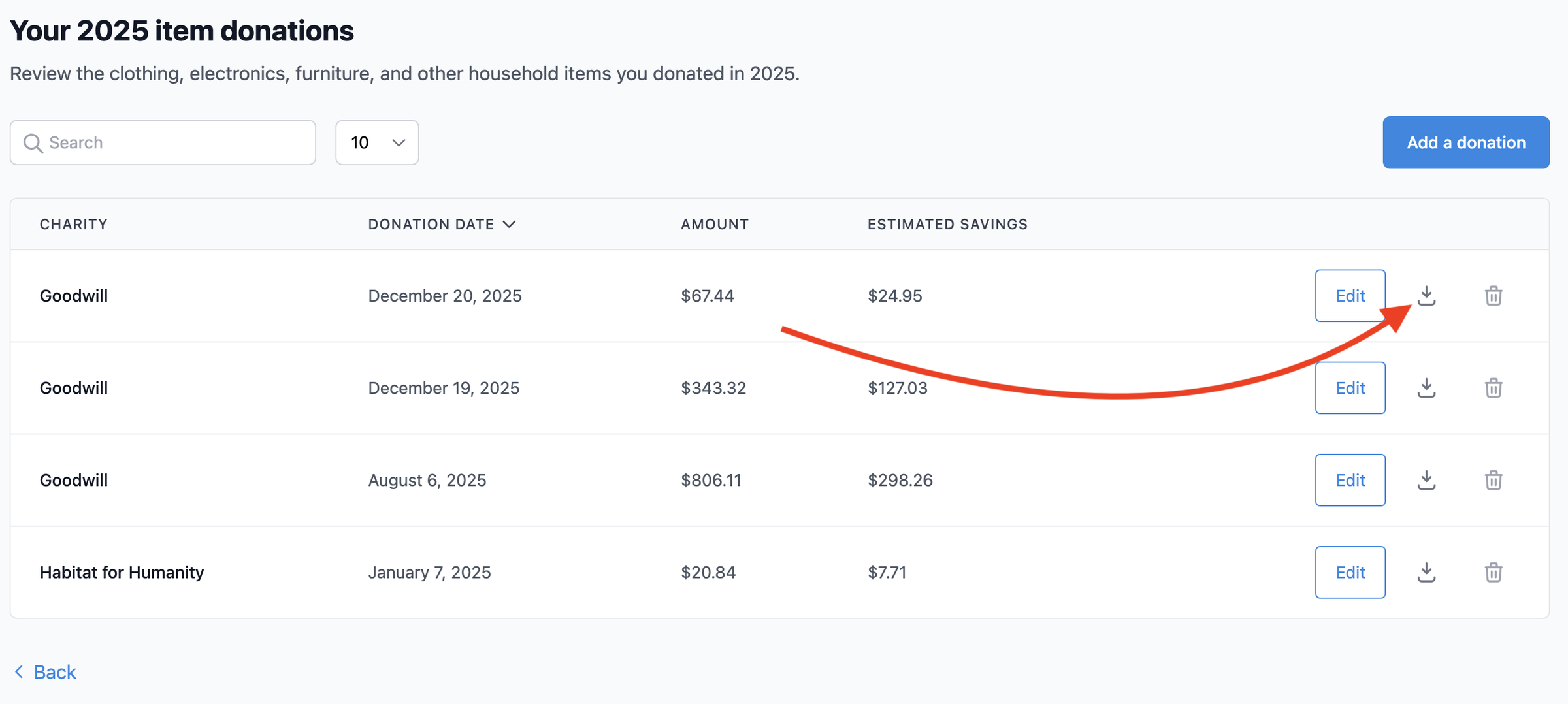 Screenshot of donation list download button