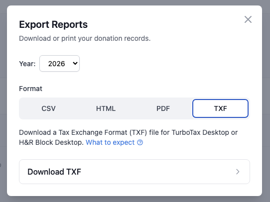 Download data modal showing the TXF tab