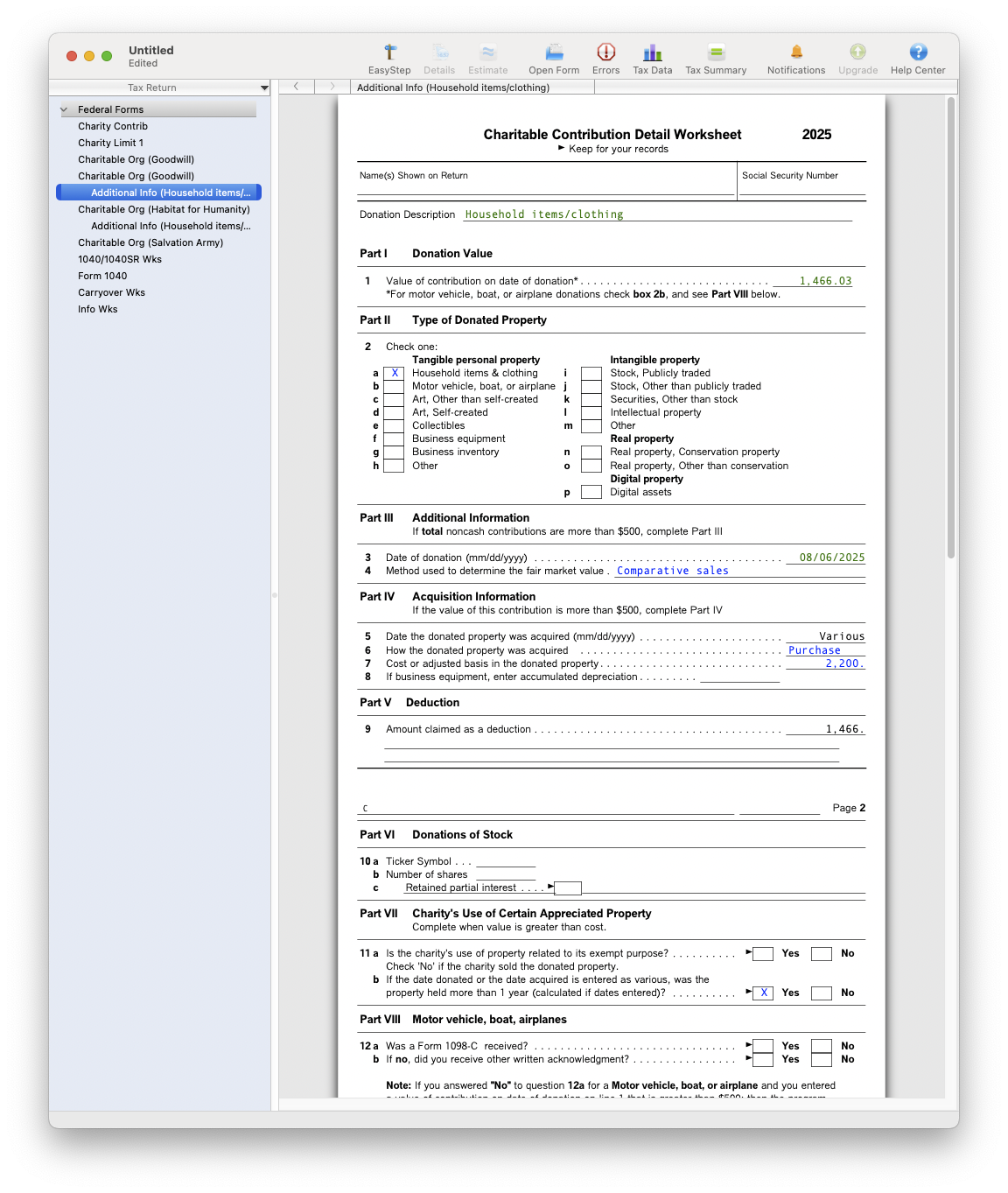 Charitable Contribution Detail Worksheet in TurboTax Forms Mode