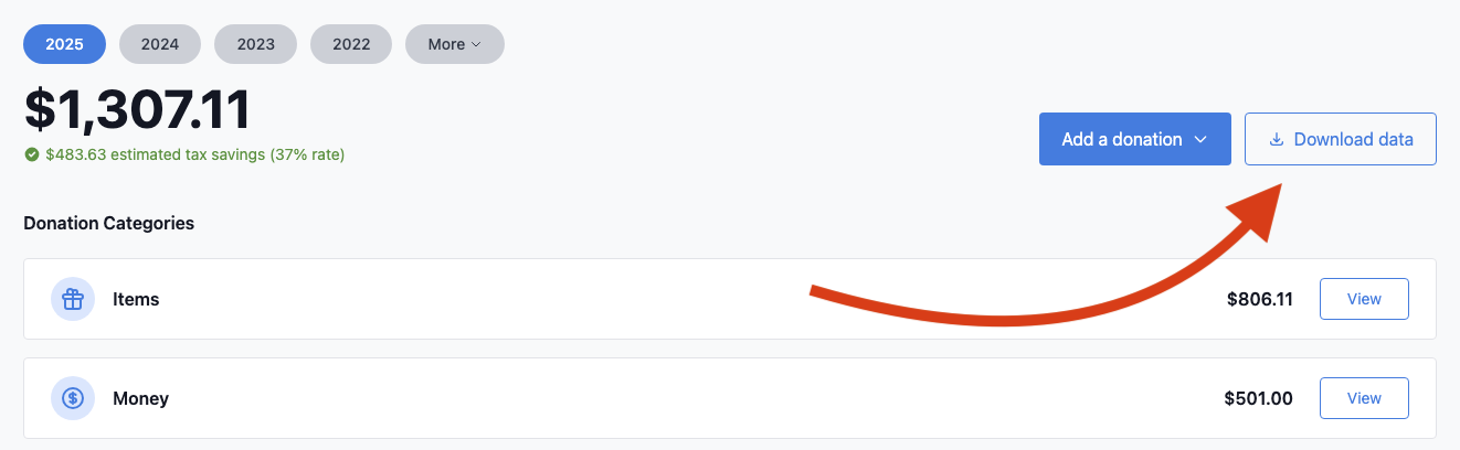 Screenshot of Export button on dashboard