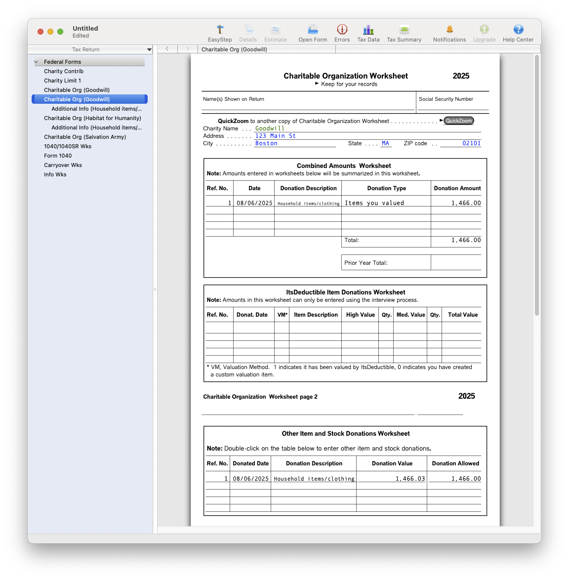 Charitable Organization Worksheet in TurboTax Forms Mode